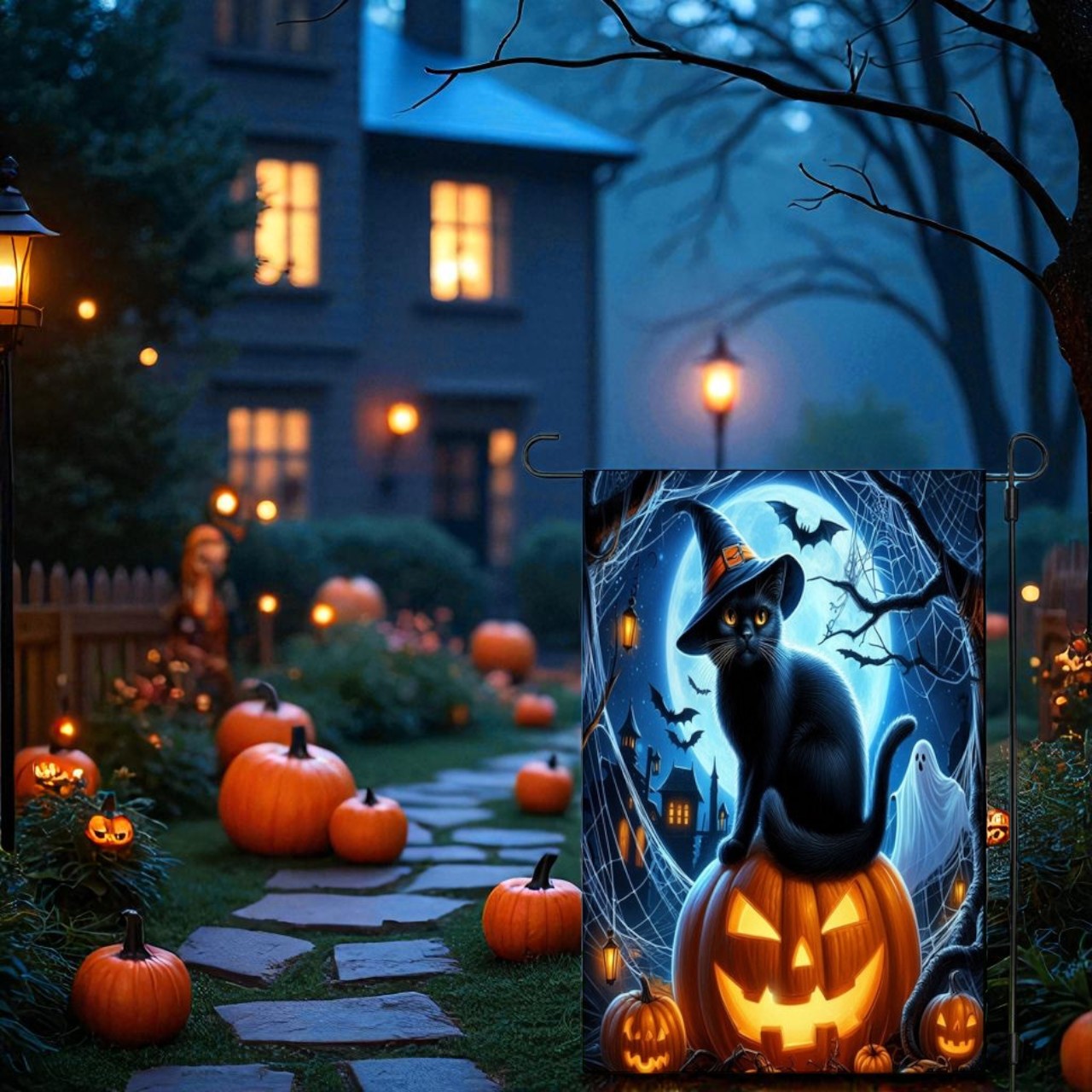 Garden Flag Sublimation, Halloween Cat Pumpkin Design