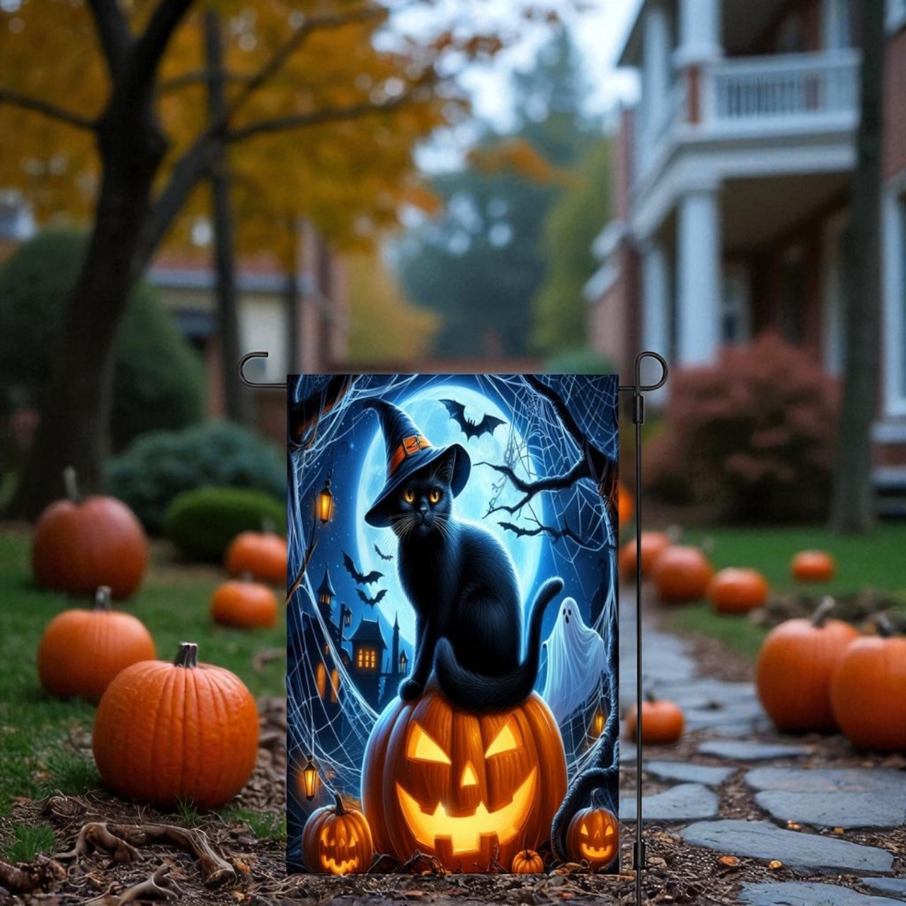 Garden Flag Sublimation, Halloween Cat Pumpkin Design