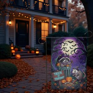 Trick Or Trash Halloween Garden Flag, Raccoon & Opossum Decor