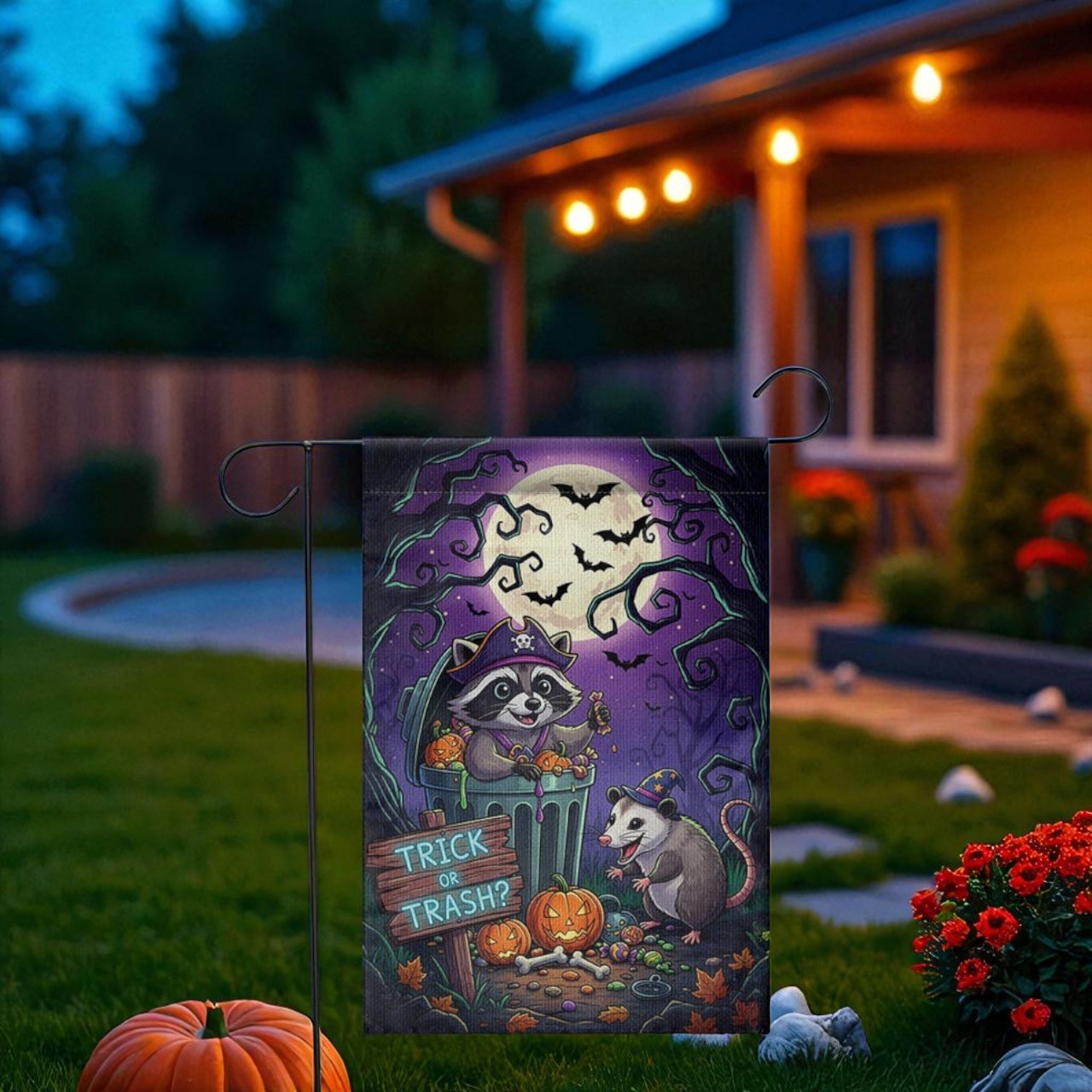 Halloween Garden Flag, Raccoon & Opossum Decor