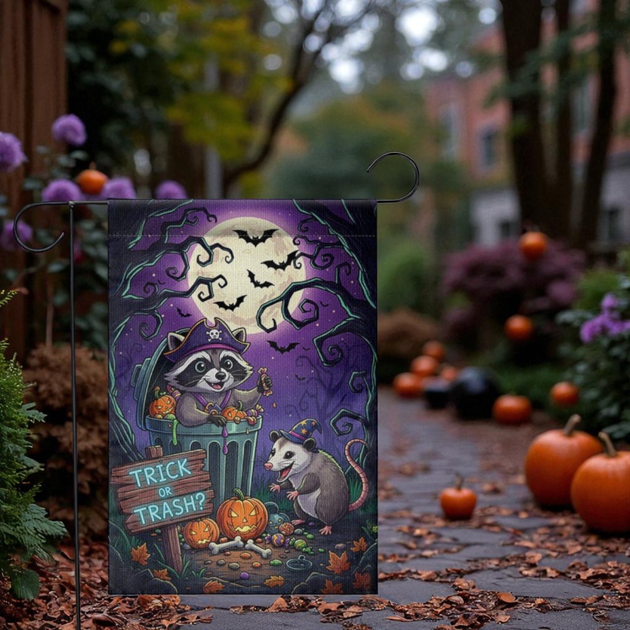 Halloween Garden Flag, Raccoon & Opossum Decor