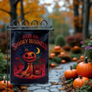 Here On Spooky Business Halloween Garden Flag, Vintage Pumpkin Scarecrow Decor