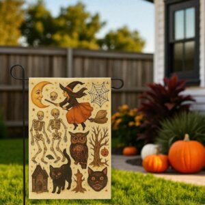 Halloween Garden Flag, Witch and Skeleton Yard Decor