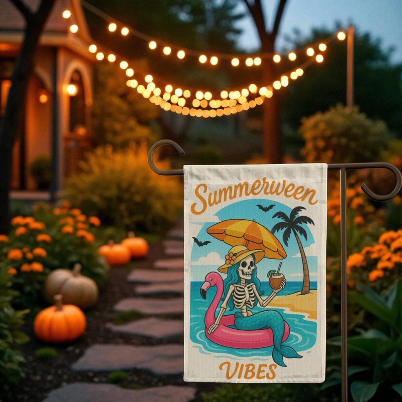 Mermaid Skeleton Garden Flag, Halloween Beach Flamingo Banner