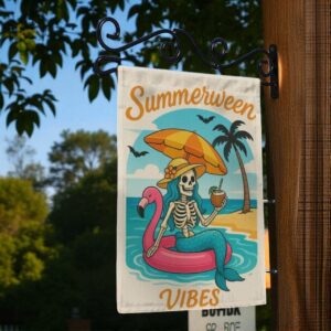 Mermaid Skeleton Garden Flag, Halloween Beach Flamingo Banner