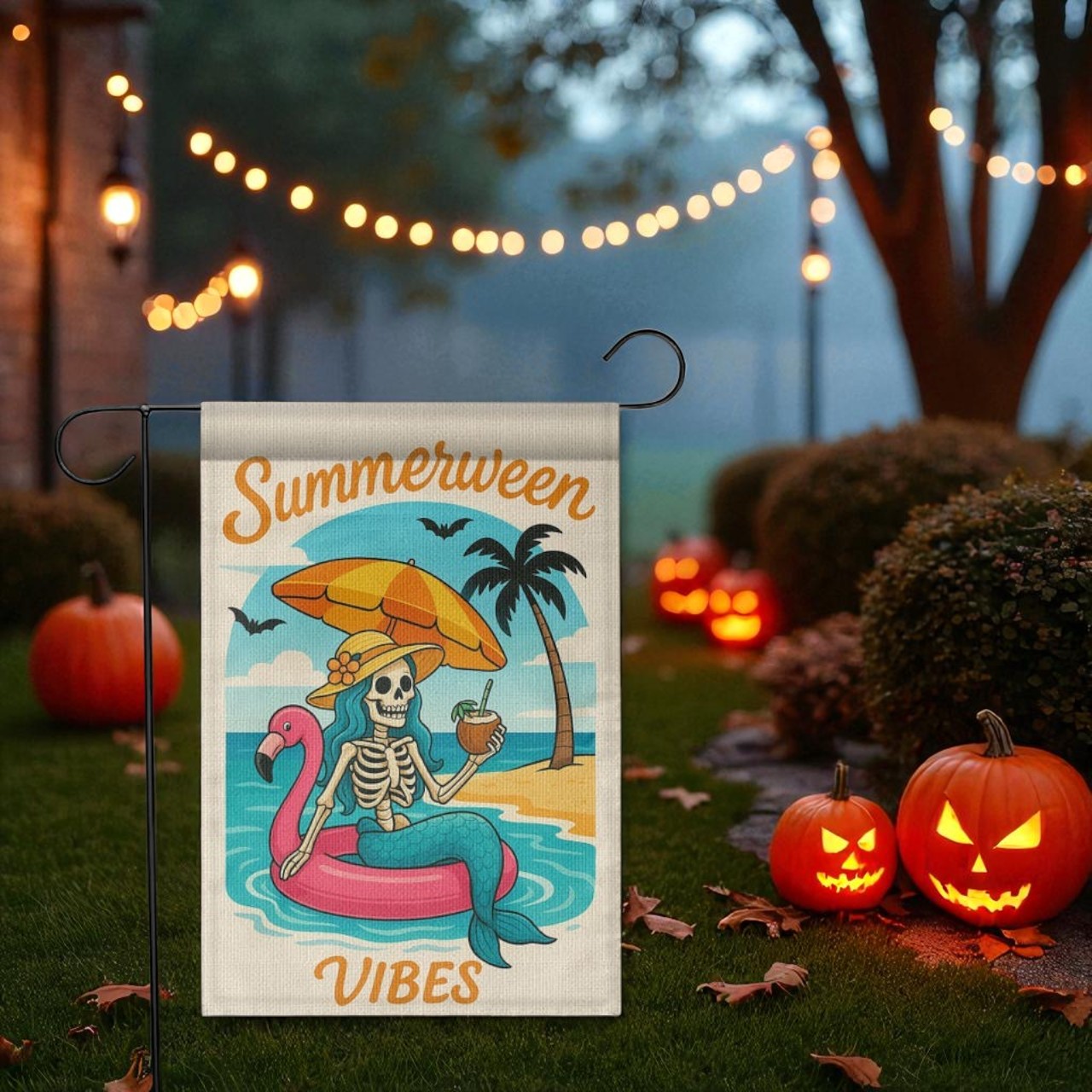 Mermaid Skeleton Garden Flag, Halloween Beach Flamingo Banner