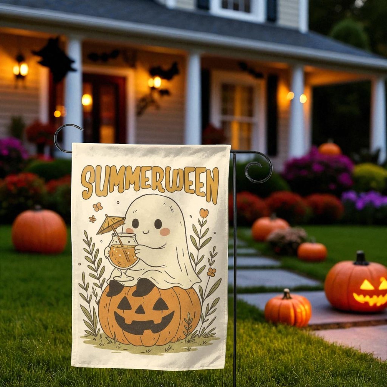 Summerween Garden Flag, Halloween Flamingo Decor