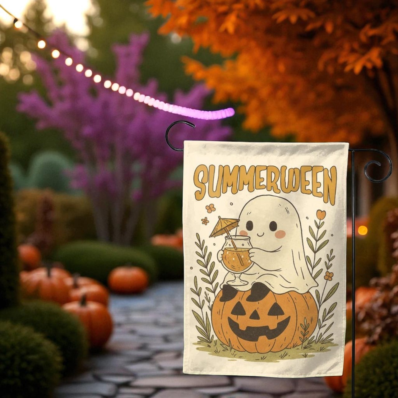 Summerween Garden Flag, Halloween Flamingo Decor